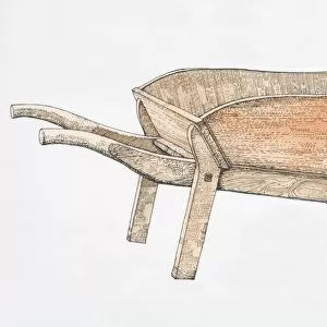 Illustration, wooden wheelbarrow, side view