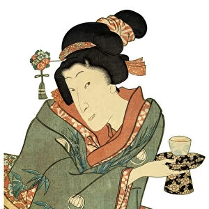 Japanese Woodblock Print Woman and Tea cup