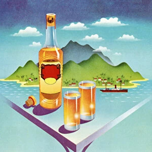 Liquor Bottle and Drinks In Front Of Island