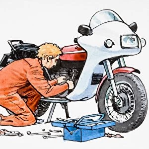 Man in overalls repairing motorbike