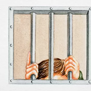 Top of mans head visible behind prison cell window as his hands grip metal bars, front view