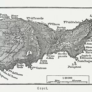 Map of Capri, Italian island, wood engraving published in 1897
