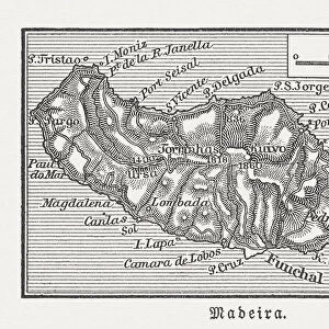 Map of Madeira, Portuguese island, Atlantic Ocean, woodcut, published 1897