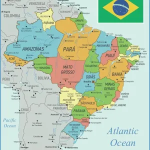 Vintage Brazil Map Print with Rivers and National Flag Vintage Brazil Map Print with Rivers and National Flag