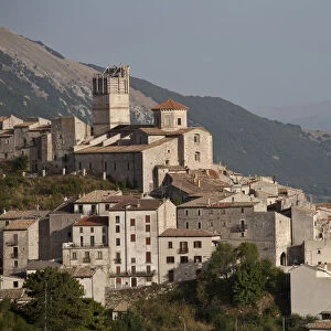 Mountain village of Castel del Monte with scaffolded tower after earthquake in 2009, LAquila, Italy, Europe