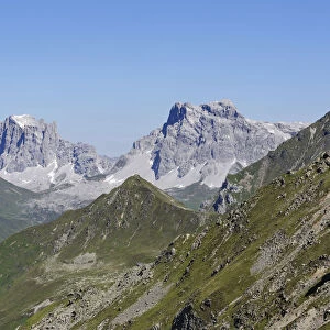 Mountains Drusenfluh, Drei Tuerme and Sulzfluh, Raetikon mountain range, Graubuenden or Grisons, Switzerland, view from the border ridge of Vorarlberg, Austria