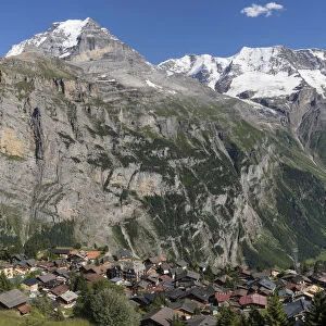 Murren village above Lauterbrunnen Valley with Monch mountain in background, Swiss Alps, Switzerland