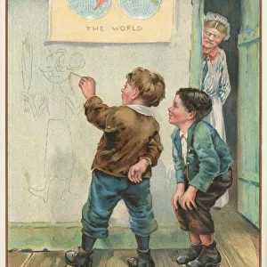 Naughty Victorian schoolboy drawing a caricature of his teacher on the wall -
