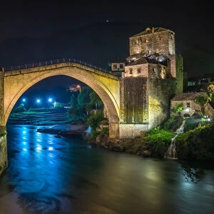 Night view of the Old Bridge in Mostar, Bosnia