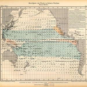 October Frequency of Winds in Relative Values Chart, Pacific Ocean, German Antique Victorian Engraving, 1896