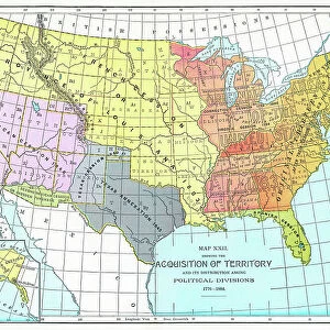 Old chromolithograph map showing the acquisition of territory United States and its distribution among political divisions (1776-1884)