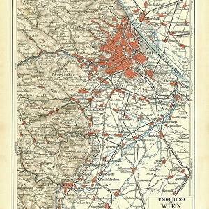 Old chromolithograph map of surroundings of Vienna, national capital, largest city, and one of nine states of Austria