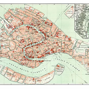 Old chromolithograph map of Venice, Italy