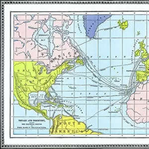 Old chromolithograph map of voyage and discovery - showing the principal routes of the early navigators