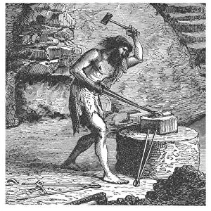 Old engraved illustration of beginnings of metallurgy - Primitive Smithy