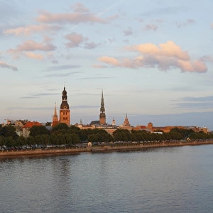 Old town with the banks of the Daugava River, Riga Castle, Riga Cathedral, St. Peters Church, from the Vansu Bridge or Vansu tilts over Daugava, Riga, Latvia