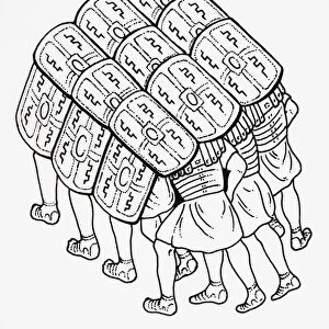Platoon of Soldiers formed into a testudo (tortoise), used as protection, head and shoulders covered with their shields allowing safer advance