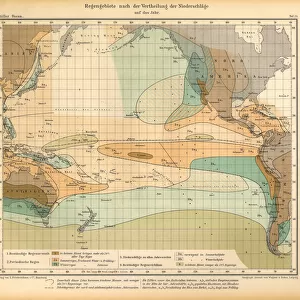 Rain Areas After the Distribution of Rainfall for the Year Chart, Pacific Ocean, German Antique Victorian Engraving, 1896