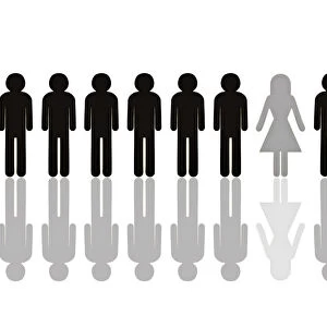 Row of black male pictogram figures with a single grey female figure, symbolic image for a womens quota
