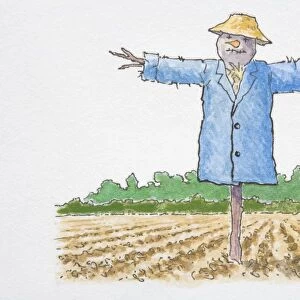 Scarecrow in blue coat and yellow hat standing in a field