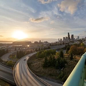 Seattle Skyline and Freeways at Sunset