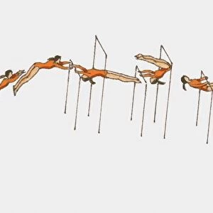 Sequence of illustration of female gymnast competing on horizontal bars