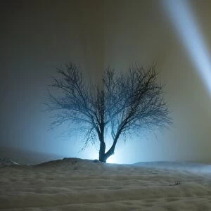 Silhouette of a person in the night, in a covered with snow field looking with a luminous lantern for the way to continuing