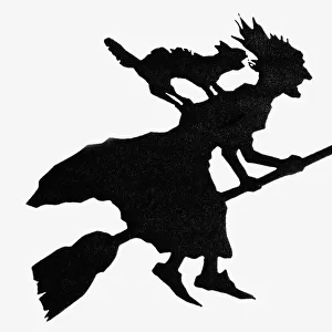 Sillouette of a witch riding on a broomstick with black cat on her back