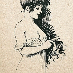 Sketch beautiful young woman combing her long hair, Belle Epoque period, French 1890s
