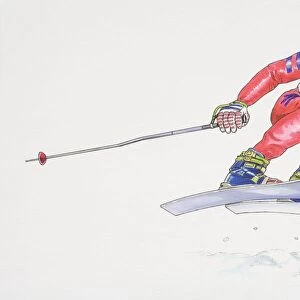 Skier performing a jump, flying in the air with bended knees and poles to his side, low angle view