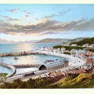 St. Aubin's harbour, Jersey, Channel Islands, town, fishing port, Railway, Victorian landscape art 19th Century