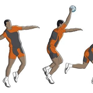 Three stages of handballer performing overhead pass