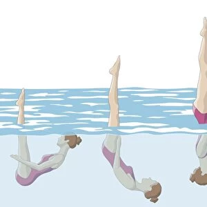 Three stages of swimmer performing barracuda, bringing legs in straight-up position