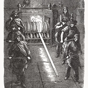 Steel workers in the past, wood engraving, published in 1893