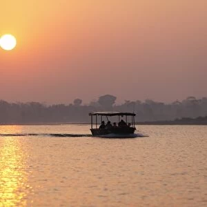 Sunrise, safari boat on Kabini reservoir, Rajiv Gandhi National Park, Nagarhole National Park, Karnataka, South India, India, South Asia, Asia