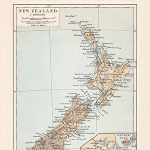 Topographic map of New Zealand, lithograph, published in 1897