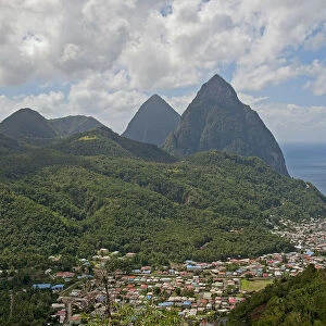 Townscape, the Pitons at the back, Palmiste, Soufriere, Saint Lucia