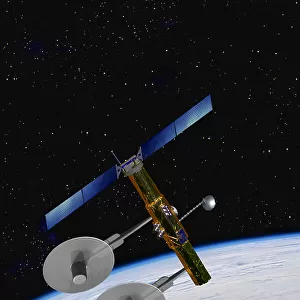 A U. S. military Signal Intelligence (SIGINT) satellite with special antennas in Earth orbit