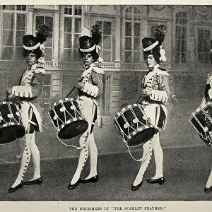 Victorian showgirls dressed as soldier drummers in the play the Scarlet Feather, 1890s, History theatre, 19th Century