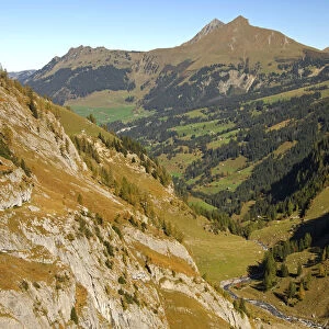 View through Geltental valley to the peaks of Giferspitz and Lauenenhorn, Geltental Nature Reserve, Lauenen, Switzerland, Europe