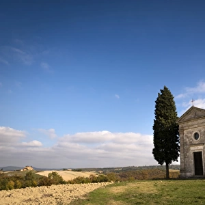 Front of Vitaleta chapel surrounded by Cypress trees, Val d Orcia