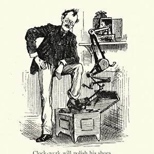 Wacky inventions, the clockwork shoe polisher, Victorian cartoon 19th Century