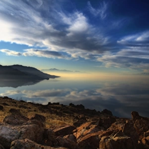White clouds drift over Antelope Island in the Great Salt Lake, Utah, USA