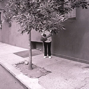 Woman hiding behind tree