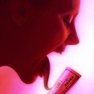 Woman licking one hundred dollar bill (Enhancement)