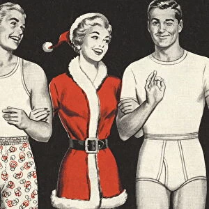 Woman in Santa Outfit with Two Men in Underwear