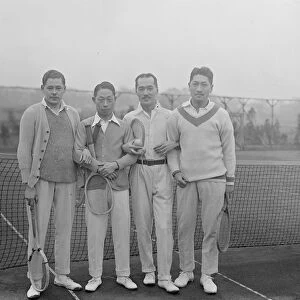 Japanese tennis players at practice at Hendon. The Japanese tennis team who oppose