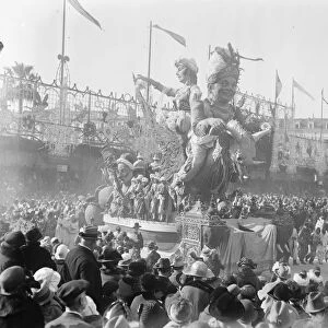 King Carnival at Nice. Huge figures on one of the cars. 26 February 1924