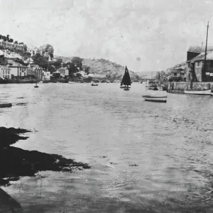 Print of View up river, Looe, Cornwall (1930), showing East and West quays