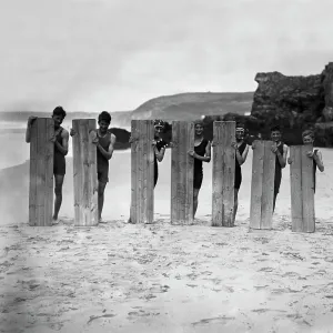 Surfers on the beach, Perranporth, Perranzabuloe, Cornwall. 1920s